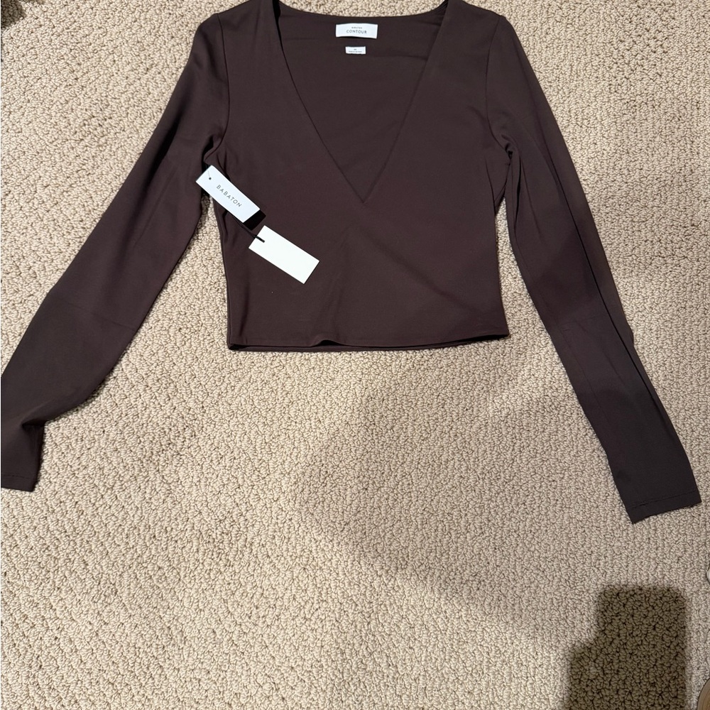 Aritzia Deep Brown V-Neck Long Sleeve Top